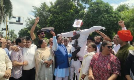 भाजपा कार्यकर्ताओं का कांग्रेस के खिलाफ रोष प्रदर्शन, राहुल गांधी का फूंका पुतला