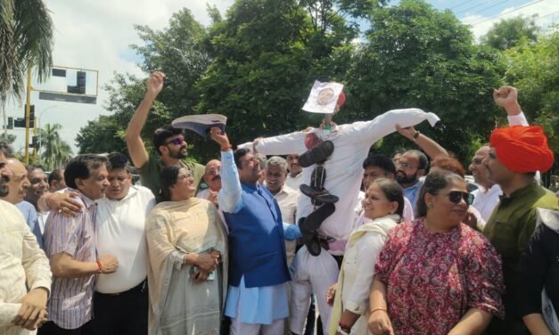 भाजपा कार्यकर्ताओं का कांग्रेस के खिलाफ रोष प्रदर्शन, राहुल गांधी का फूंका पुतला